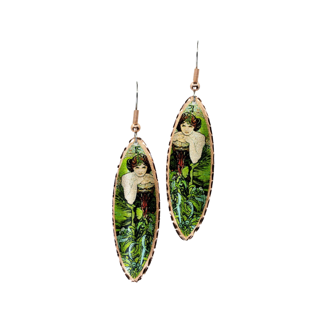 Copper Art Earrings - Mucha Emerald