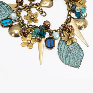 Vintage Style Charm Bracelet - Patina Leaf & Flowers - Vintage Style Charm Bracelet - Patina Leaf & Flowers - UrbanroseNYC