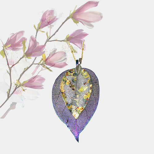 Real Leaf Pendant - Gilded, Double - Iridescent-Silver / 30 inches - UrbanroseNYC