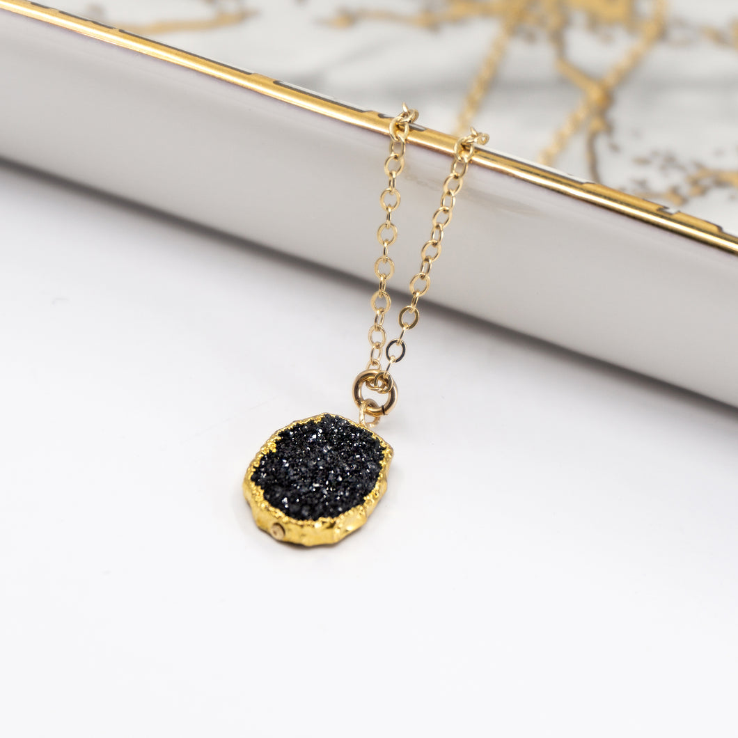 Minimalist Gemstone Pendant - Black Druzy - Minimalist Gemstone Pendant - Black Druzy - UrbanroseNYC