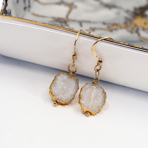 Minimalist Gemstone Earrings - White Druzy - Minimalist Gemstone Earrings - White Druzy - UrbanroseNYC