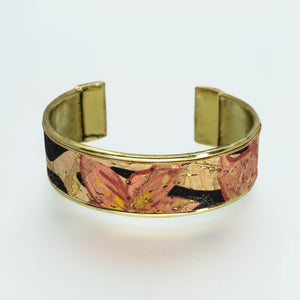 Portuguese Cork Channel Cuff - Floral Print; Metallic Gold - .75 inches - UrbanroseNYC