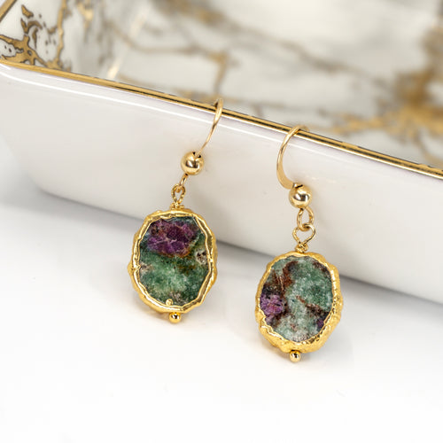 Minimalist Gemstone Earrings - Ruby in Zoisite - Minimalist Gemstone Earrings - Ruby in Zoisite - UrbanroseNYC