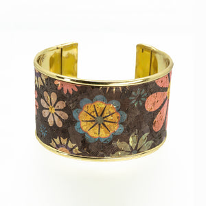 Portuguese Cork Channel Cuff - Chocolate Floral Metallic - 1.5 inches - UrbanroseNYC