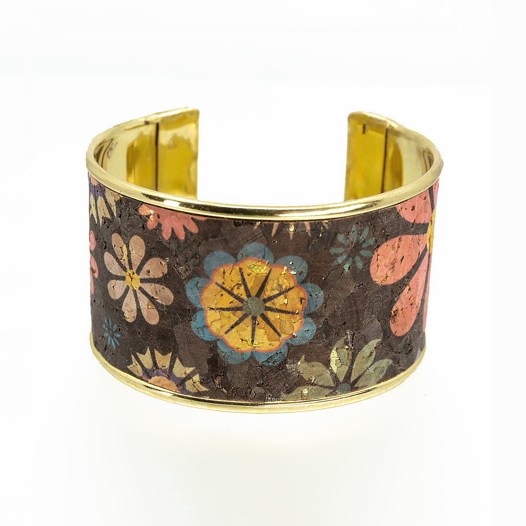Portuguese Cork Channel Cuff - Chocolate Floral Metallic - 1.5 inches - UrbanroseNYC