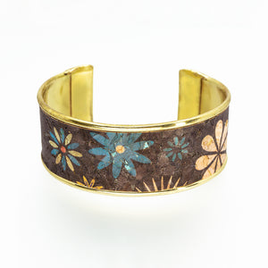 Portuguese Cork Channel Cuff - Chocolate Floral Metallic - 1 inch - UrbanroseNYC