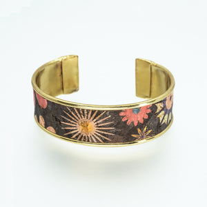 Portuguese Cork Channel Cuff - Chocolate Floral Metallic - .75 inches - UrbanroseNYC