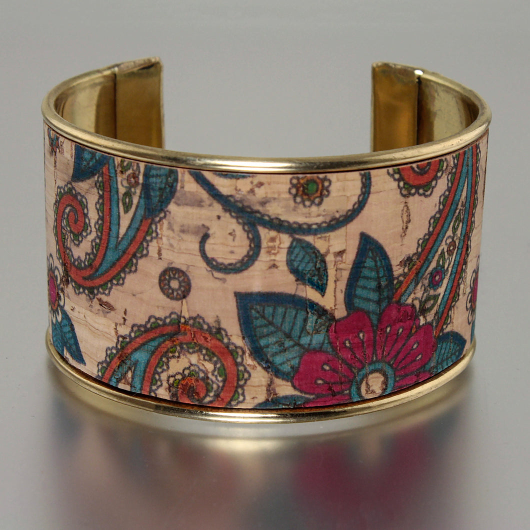 Portuguese Cork Channel Cuff - Paisley Floral - 1.5 inches - UrbanroseNYC
