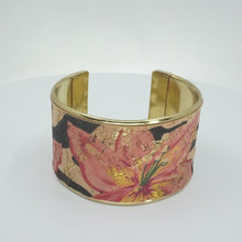 Load and play video in Gallery viewer, Portuguese Cork Channel Cuff - Floral Print; Metallic Gold
