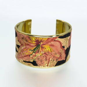 Portuguese Cork Channel Cuff - Floral Print; Metallic Gold - 1.5 inches - UrbanroseNYC