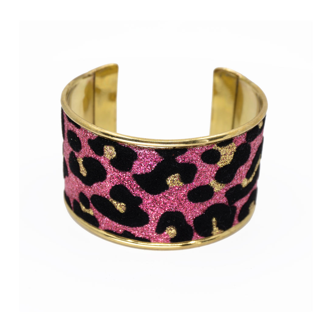 Glitter Cuff Bracelet - Leopard Print, Pink - 1.5 inches - UrbanroseNYC