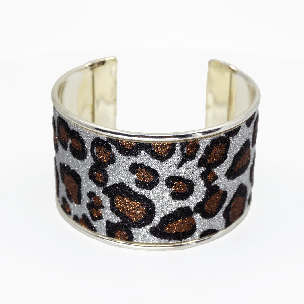 Glitter Cuff Bracelet - Leopard Print, Silver - 1.5 inches - UrbanroseNYC