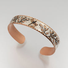 Load image into Gallery viewer, Copper Art Bracelet - Dragonfly narrow cuff top view

