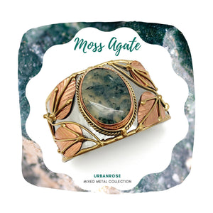 Mixed Metal Statement Cuff Bracelet - Moss Agate UrbanroseNYC