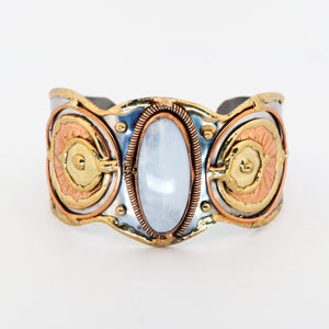 Mixed Metal Statement Cuff Bracelet - Rainbow Moonstone - UrbanroseNYC