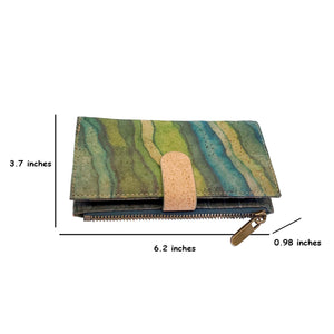 Portuguese Cork Wallet, - Green Waves measurement view  UrbanroseNYC