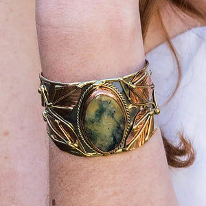 Mixed Metal Statement Cuff Bracelet - Moss Agate UrbanroseNYC