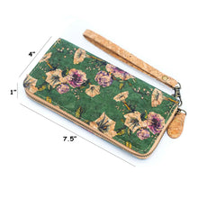 Load image into Gallery viewer, Portuguese Cork Wallet - Green Floral with Measurements UrbanroseNYC
