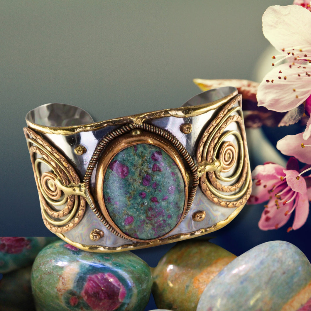 Mixed Metal Cuff Bracelet - Ruby Fuchsite UrbanroseNYC