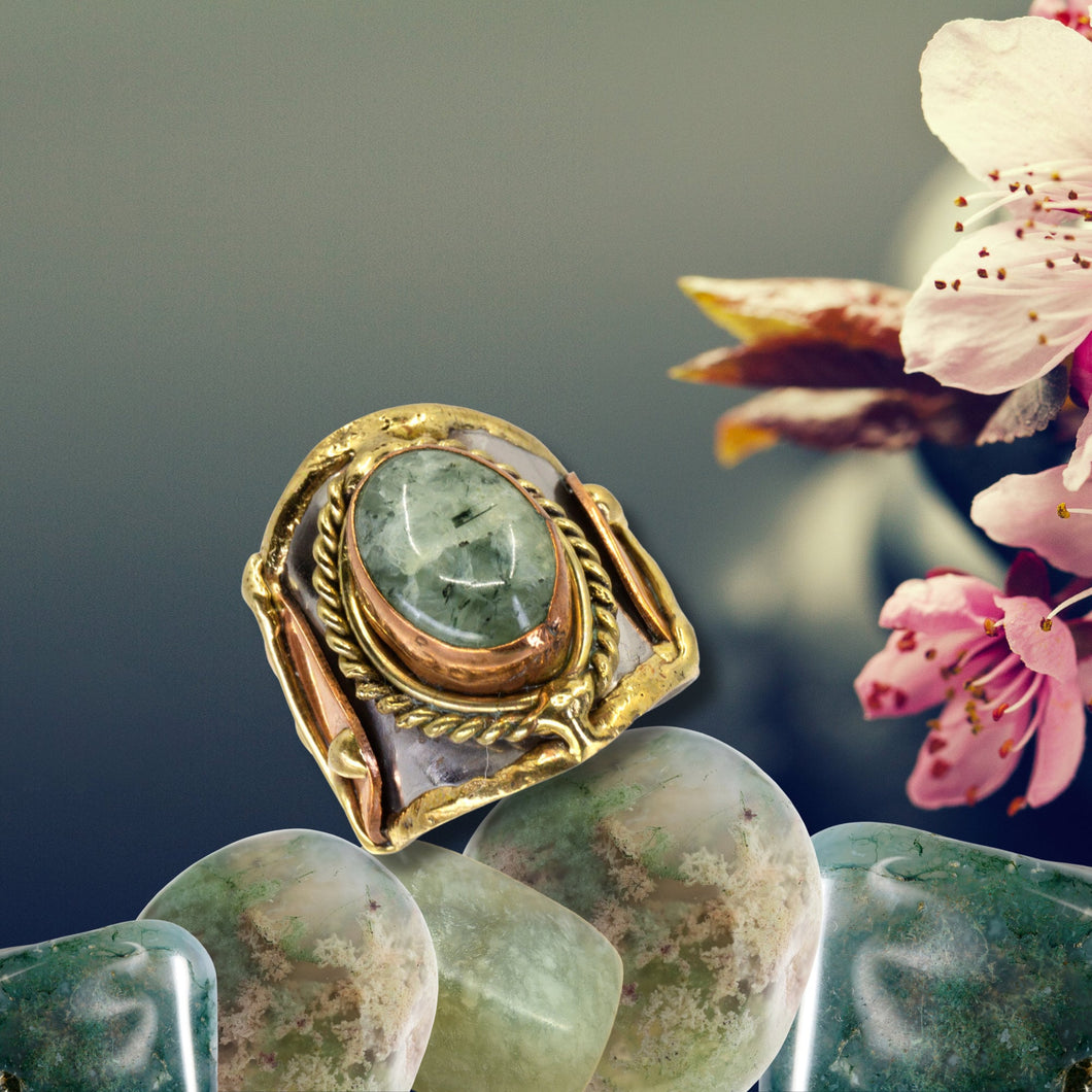 Mixed Metal Statement Cuff Ring - Moss Agate - UrbanroseNYC