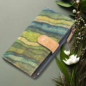 Portuguese Cork Wallet, - Green Waves lifestyle view UrbanroseNYC