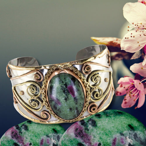 Mixed Metal Statement Cuff Bracelet - Ruby Zoisite - UrbanroseNYC