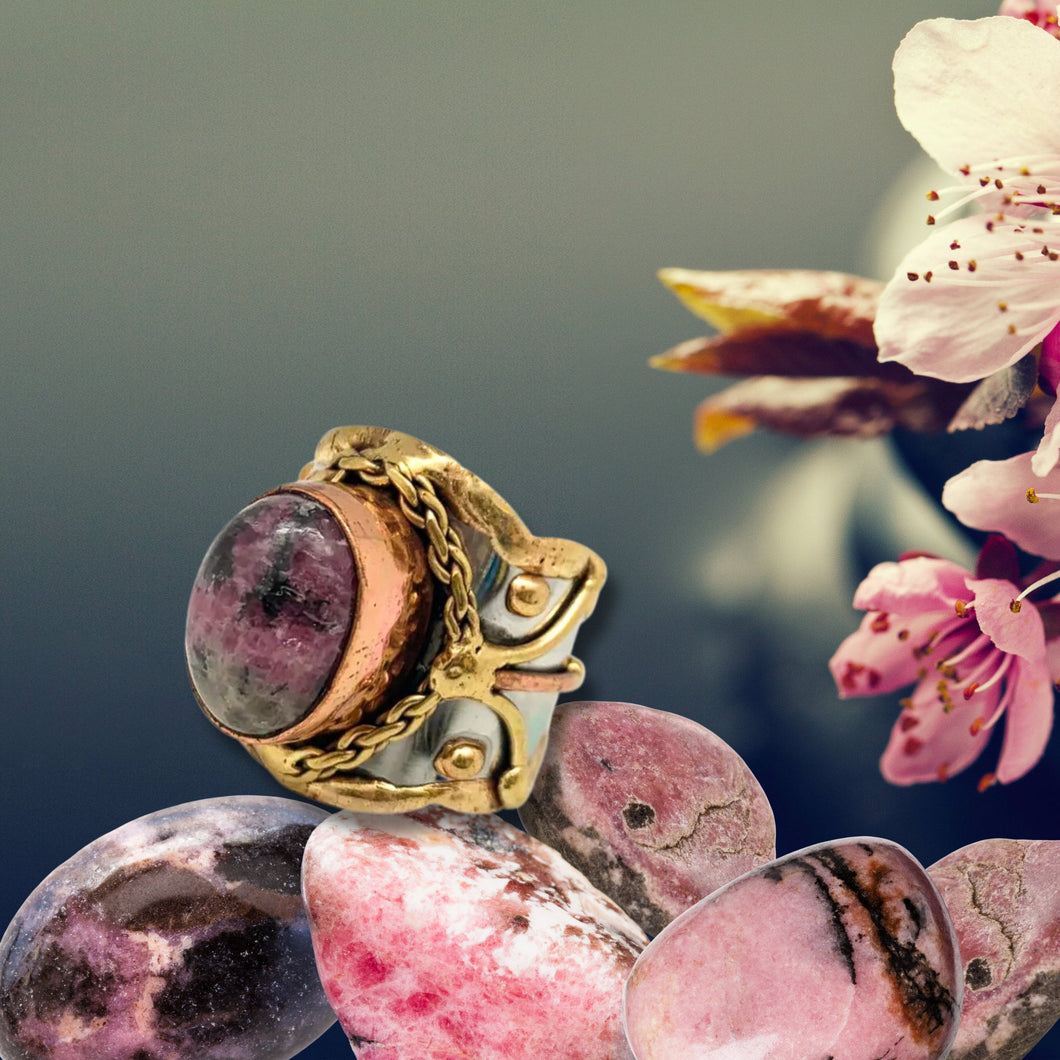 Mixed Metal Statement Cuff Ring - Rhodonite - UrbanroseNYC