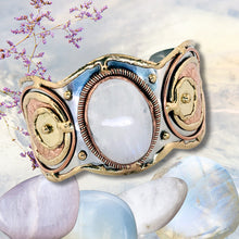 Load image into Gallery viewer, Mixed Metal Statement Cuff Bracelet - Rainbow Moonstone - UrbanroseNYC
