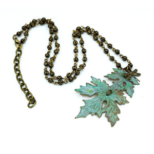 Patina Maple Leaf Necklace - Double Leaf - Patina Maple Leaf Necklace - Double Leaf - UrbanroseNYC