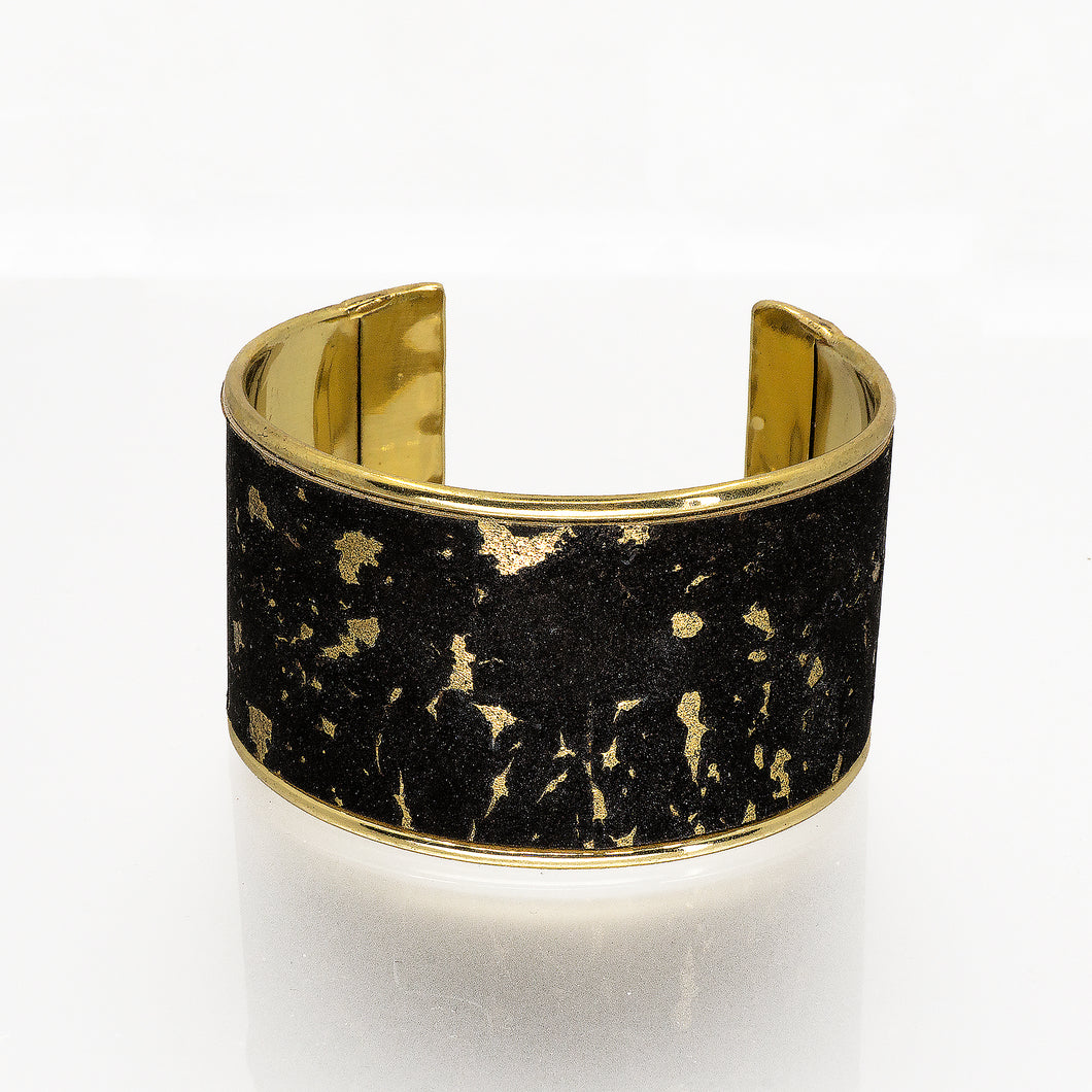 Portuguese Cork Cuff Bracelet - Black, Marbled Metallic Gold - 1.5 inches - UrbanroseNYC